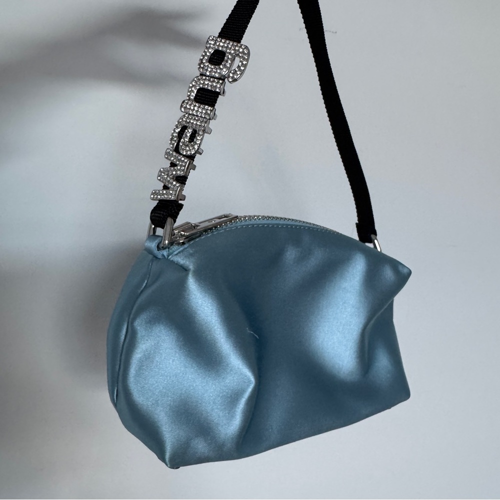 Alexander Wang Heiress Medium Pouch Baby Blue Satin with Crystal Logo Top Handle